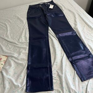 Good American High Rise Straight Faux Leather Jeans in Blue Rinse Metallic